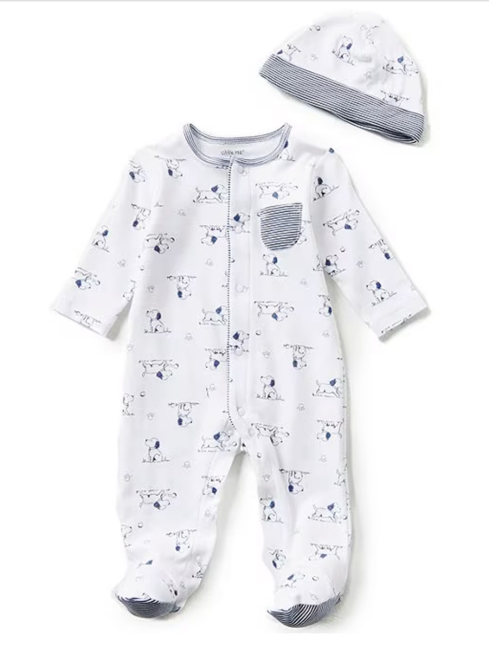 Little Me White Footed One-Piece with Blue Puppy Print and Matching Hat